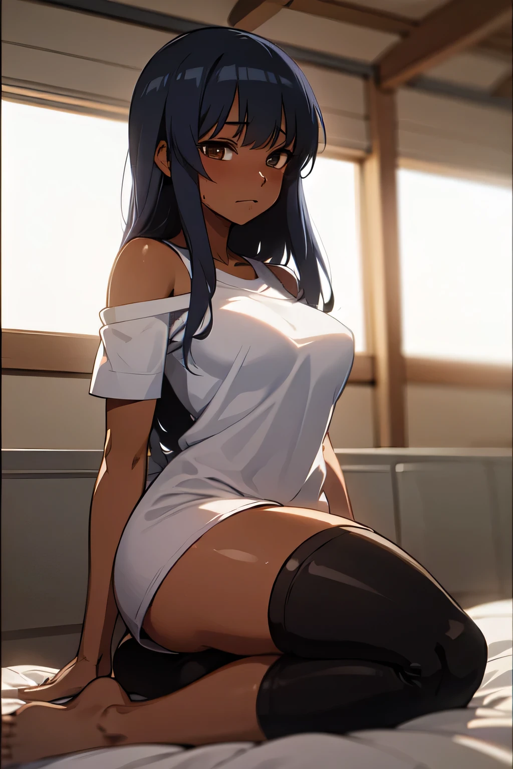 score_9, score_8_up, score_7_up, source_anime, ((1girl)), ((dark tanned skin)), android, , curvy frame, thick thighs, big ass, brown eyes, oversized shirt. Around 25 years old, young anime woman, power button on side of head, ((android)), charging cable coming out of thigh, long black hair 1.5,white oversized t-shirt, off the shoulder white t-shirt ,Sitting on the edge of the bed in the room with a blank expression(The background is in the room in the village:1.5),Anime style 4K,Anime rendering,style of anime,8K fineness,(Upper body display:1.5)(Cinematic lighting:1.5
