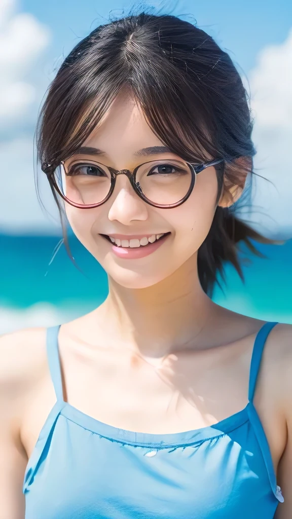 Japanese、18-year-old、Very slim、((Smiling))、Summer clothing、Glasses