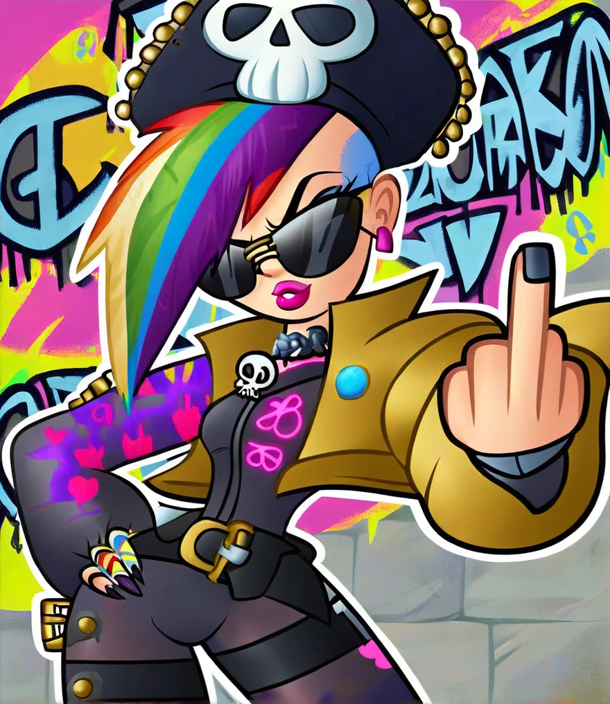 Punk style, Fantasy Gothic, ((The most rebellious bad girl in history)), 1girl, ((solo)), (((Stylish sunglasses))), Pirate hat, Lips in love, Skull Fashion, Neon, Short iridescent hair, Rainbow fabric, Biker Jacket, Bodysuit, Gold pattern, Ancient runes, Metal nails, (Middle finger raised:1.3), Standing in front of a motorcycle skull graffiti art background, Add whimsy to the scene, To enhance the sharpness and modernity of the scene, Sharp lines, Bold brushstroke numbers, Surrealism, Conceptual art, Futurism, UHD, masterpiece, accurate, anatomically correct, textured skin, super detail, high details, award winning, 8k