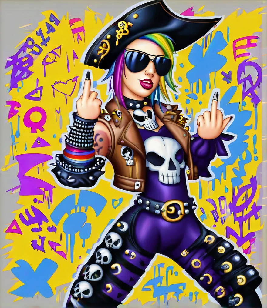 Punk style, Fantasy Gothic, ((The most rebellious bad girl in history)), 1girl, ((solo)), (((Stylish sunglasses))), Pirate hat, Lips in love, Skull Fashion, Neon, Short iridescent hair, Rainbow fabric, Biker Jacket, Bodysuit, Gold pattern, Ancient runes, Metal nails, (Middle finger raised:1.3), Standing in front of a motorcycle skull graffiti art background, Add whimsy to the scene, To enhance the sharpness and modernity of the scene, Sharp lines, Bold brushstroke numbers, Surrealism, Conceptual art, Futurism, UHD, masterpiece, accurate, anatomically correct, textured skin, super detail, high details, award winning, 8k