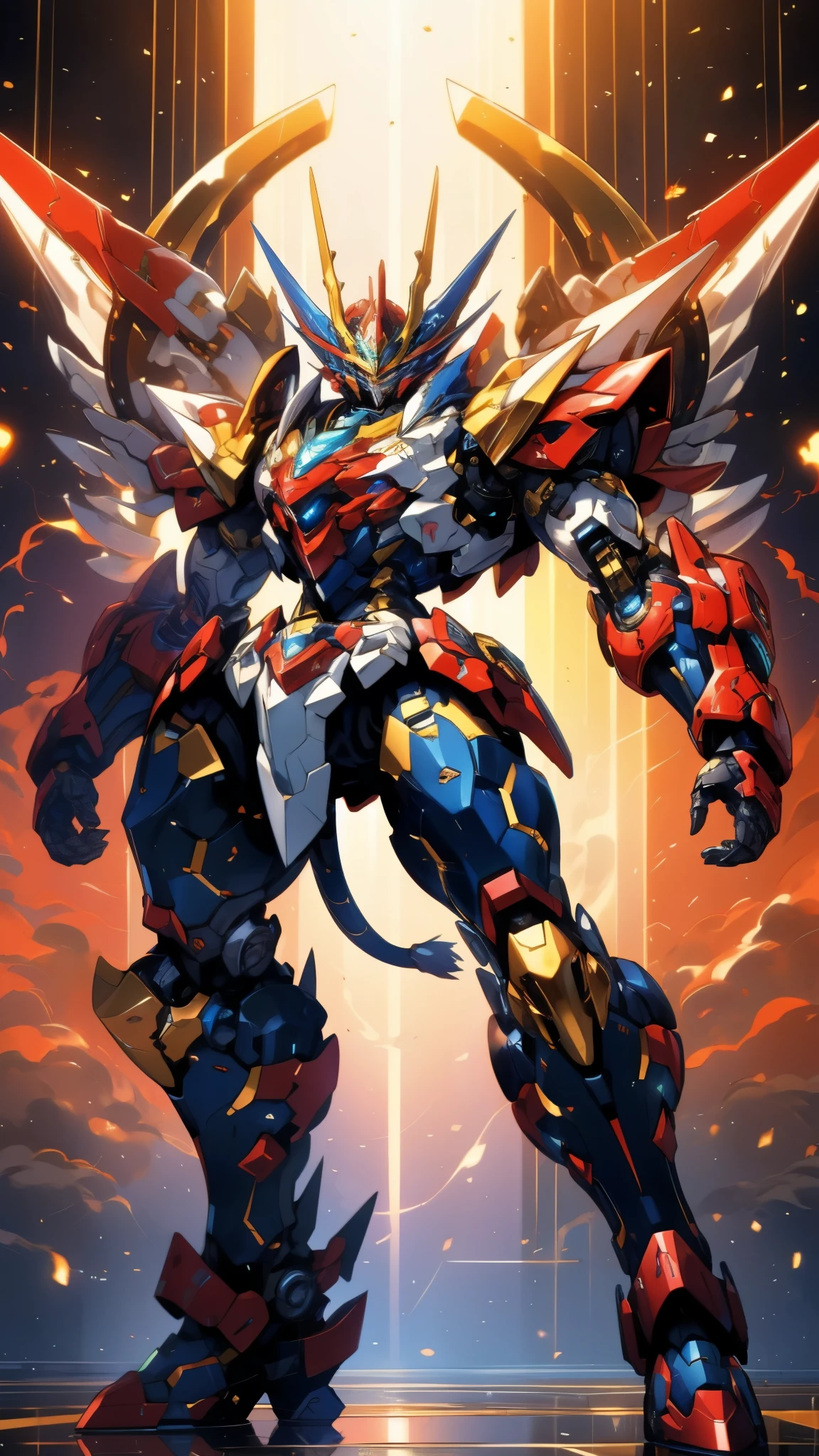 Humanoid Mecha, fully enclosed shoulder guards, matching arm and leg guards, full body, full armor, super robot, the design balances heavy with agility, (the color scheme is primarily white with red and blue accents, the concept Inspired by super robot, Lion concept chest armor, pose, standing, floating high above the futuristic sci-fi city), exquisite and mature art style, (aura effect, energy, glowing eyes, the armor glows), ((SRS)), metallic, dramatic, high definition, best quality, highres, ultra-detailed, ultra-fine painting, extremely delicate, professional, perfect body proportions, anatomically correct, symmetrical face, extremely detailed eyes and face, high quality eyes, creativity, RAW photo, UHD, 32k, Natural light, cinematic lighting, masterpiece-anatomy-perfect, masterpiece:1.5