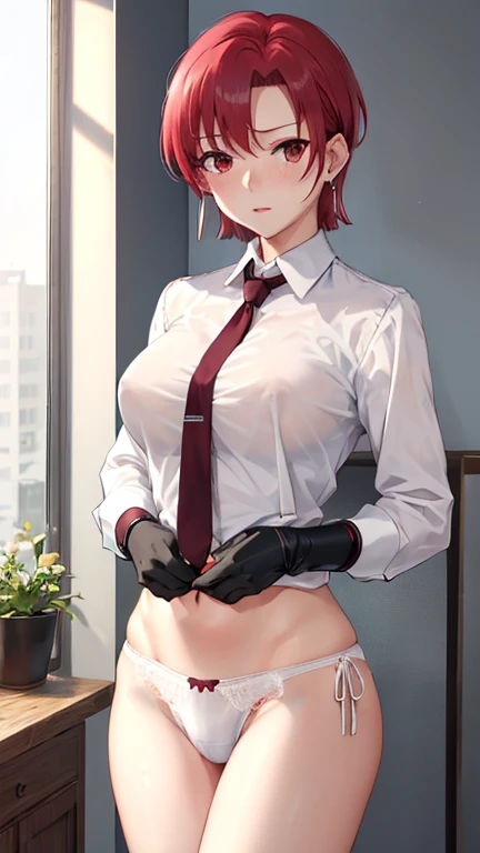 (masterpiece, highest quality:1.2), bazett, FGO, One girl, alone, short hair, Redhead, bangs, Red eyes,  blush、Big Breasts, Black gloves, , tie, shirt, Upper Body, Earrings, (Pulling off your pants、Cute white panties)