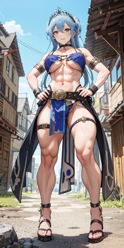 full body, whole body. loincloth standing, hands on hips full body, 1solo (girl). slave fighter, metal sandals, choker, big belt, view from below, feet together, bracers, tiara