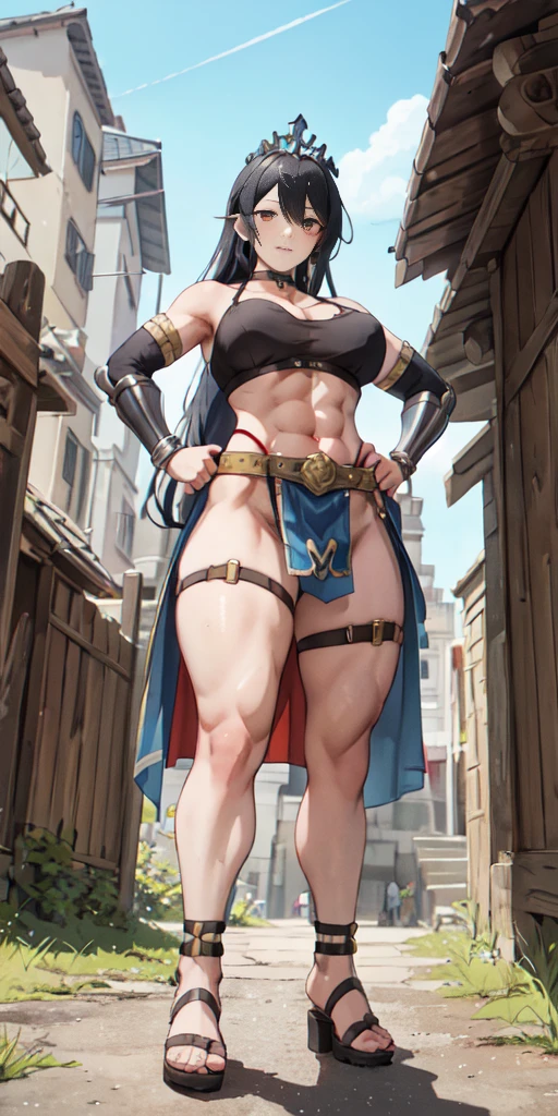 full body, whole body. loincloth standing, hands on hips full body, 1solo (girl). slave fighter, metal sandals, choker, big belt, view from below, feet together, bracers, tiara