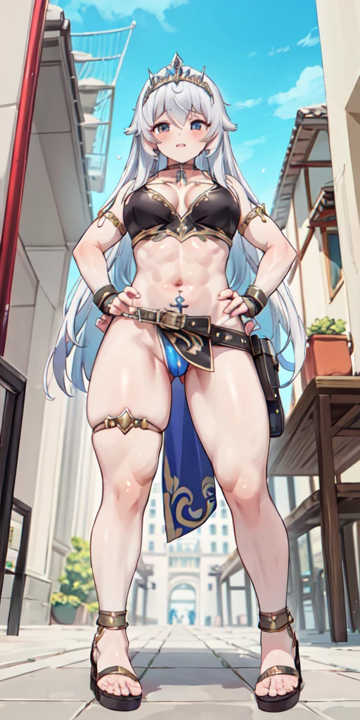 full body, whole body. loincloth standing, hands on hips full body, 1solo (girl). slave fighter, metal sandals, choker, big belt, view from below, feet together, bracers, tiara