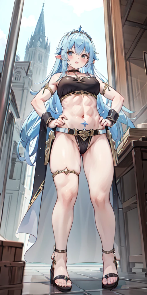 full body, whole body. loincloth standing, hands on hips full body, 1solo (girl). slave fighter, metal sandals, choker, big belt, view from below, feet together, bracers, tiara