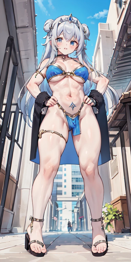 full body, whole body. loincloth standing, hands on hips full body, 1solo (girl). slave fighter, metal sandals, choker, big belt, view from below, feet together, bracers, tiara