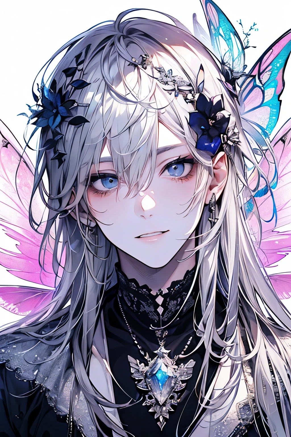 (((milky, Silver, glimmer)), faerie), limited palette, Contrasty, phenomenal aesthetic, Best Quality, Gorgeous artwork,(((male:1.1))),smile,((Kiss,kiss:1.3))