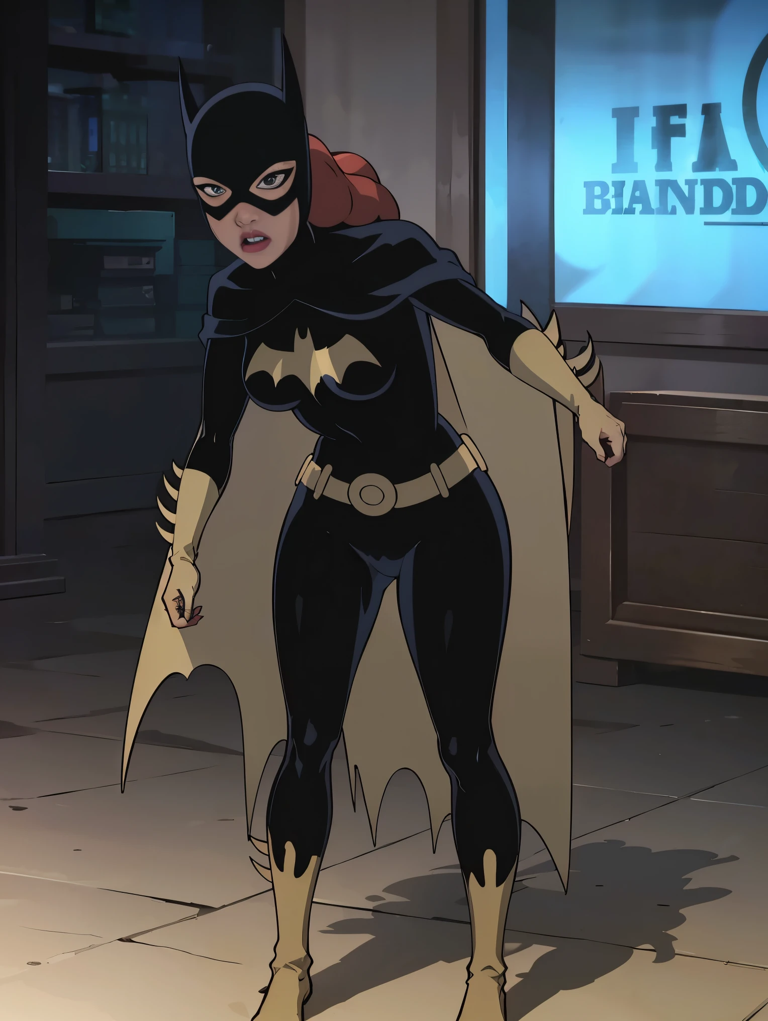 ((full body view)), Batgitlfit, cabelos muito longos, cabelos ruivos, cabelo entre os olhos, rabo de cavalo alto, Fechaduras laterais, olhos azuis, batgirl, roupas brilhantes, body impossible, pele apertada, saia, Olhando para o Viewer apavorada, (pernas musculosas:1.3), ((Acuada e capturada por bandidos na cadeia))