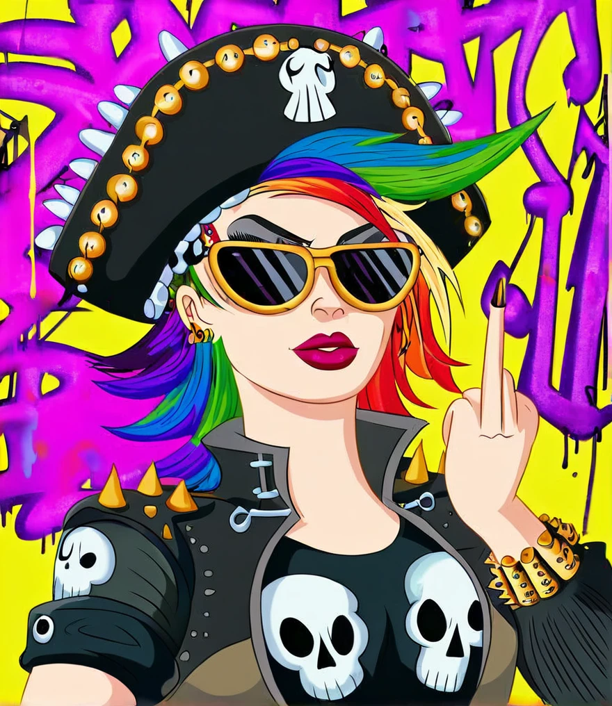 Punk style, Fantasy Gothic, ((The most rebellious bad girl in history)), 1girl, ((solo)), (((Stylish sunglasses))), Pirate hat, Lips in love, Skull Fashion, Neon, Short iridescent hair, Rainbow fabric, Biker Jacket, Bodysuit, Gold pattern, Ancient runes, Metal nails, (Middle finger raised:1.3), Standing in front of a motorcycle skull graffiti art background, Add whimsy to the scene, To enhance the sharpness and modernity of the scene, Sharp lines, Bold brushstroke numbers, Surrealism, Conceptual art, Futurism, UHD, masterpiece, accurate, anatomically correct, textured skin, super detail, high details, award winning, 8k
