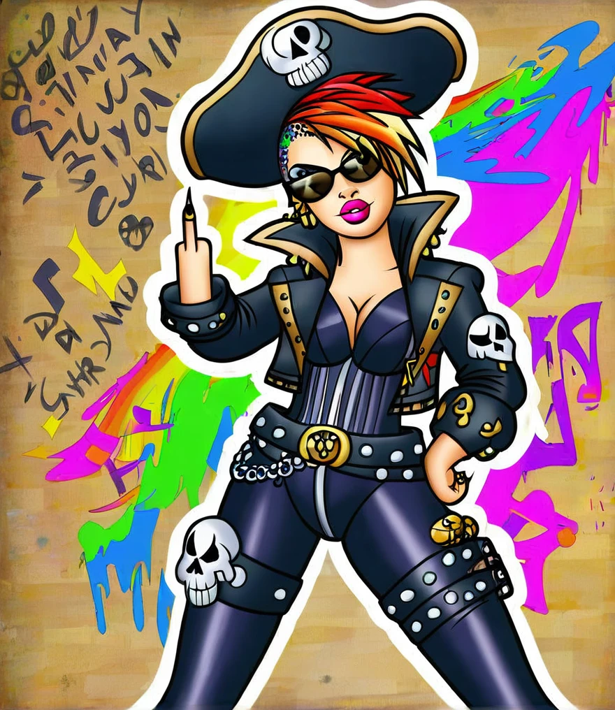 Punk style, Fantasy Gothic, ((The most rebellious bad girl in history)), 1girl, ((solo)), (((Stylish sunglasses))), Pirate hat, Lips in love, Skull Fashion, Neon, Short iridescent hair, Rainbow fabric, Biker Jacket, Bodysuit, Gold pattern, Ancient runes, Metal nails, (Middle finger raised:1.3), Standing in front of a motorcycle skull graffiti art background, Add whimsy to the scene, To enhance the sharpness and modernity of the scene, Sharp lines, Bold brushstroke numbers, Surrealism, Conceptual art, Futurism, UHD, masterpiece, accurate, anatomically correct, textured skin, super detail, high details, award winning, 8k