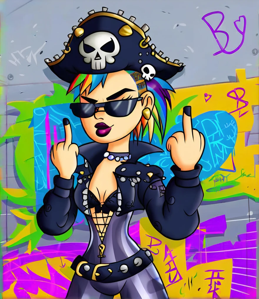 Punk style, Fantasy Gothic, ((The most rebellious bad girl in history)), 1girl, ((solo)), (((Stylish sunglasses))), Pirate hat, Lips in love, Skull Fashion, Neon, Short iridescent hair, Rainbow fabric, Biker Jacket, Bodysuit, Gold pattern, Ancient runes, Metal nails, (Middle finger raised:1.3), Standing in front of a motorcycle skull graffiti art background, Add whimsy to the scene, To enhance the sharpness and modernity of the scene, Sharp lines, Bold brushstroke numbers, Surrealism, Conceptual art, Futurism, UHD, masterpiece, accurate, anatomically correct, textured skin, super detail, high details, award winning, 8k
