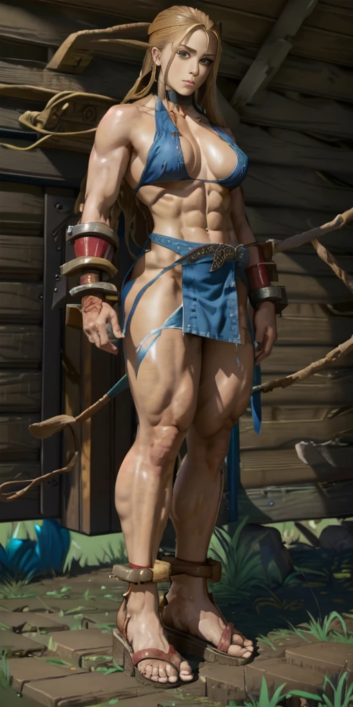 full body, whole body. loincloth standing, hands on hips full body, 1solo (girl). slave fighter, metal sandals, choker, big belt, view from below, feet together, bracers, tiara