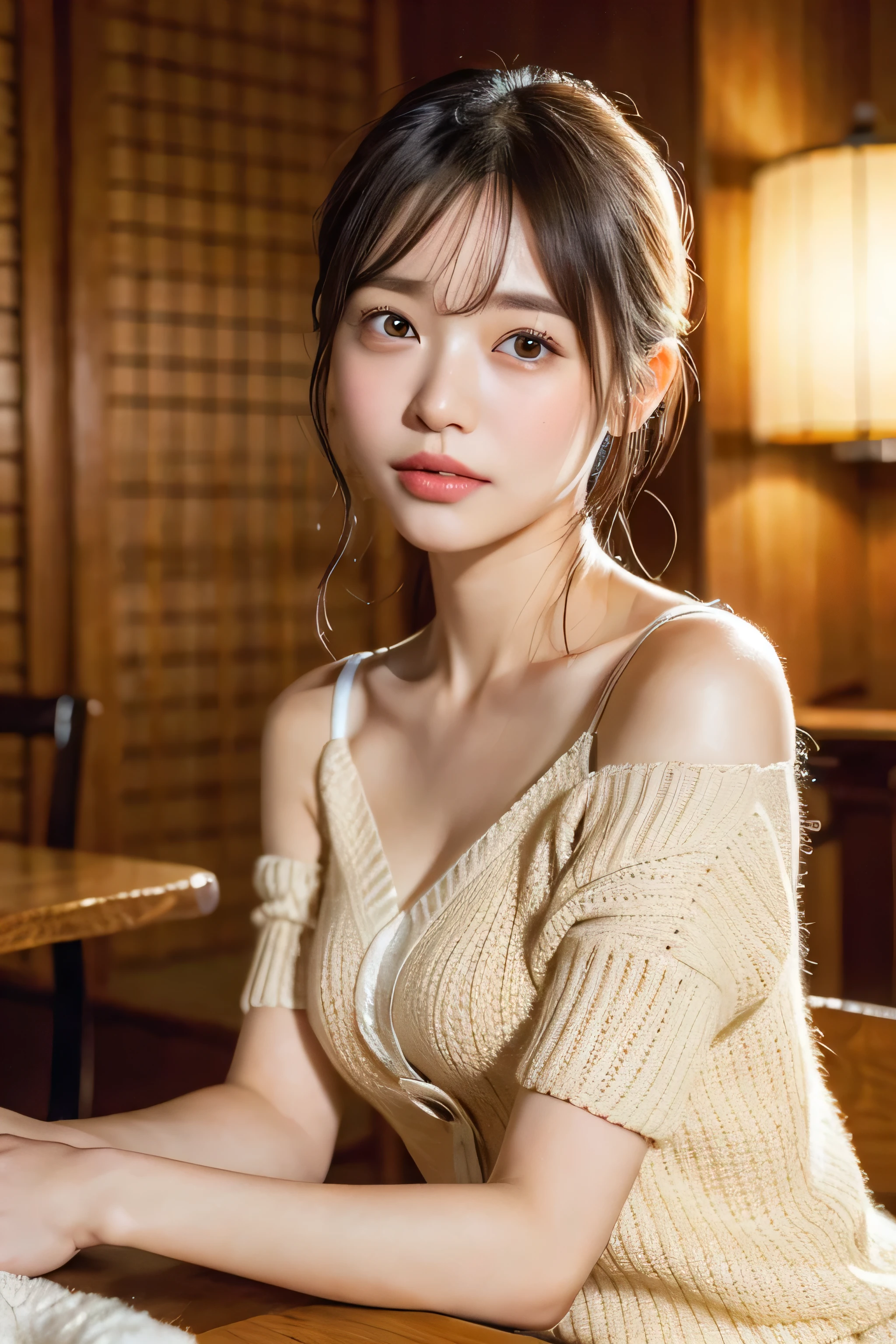 (natta:1.7), East Asian Architecture, 1 girl, sixteen years old、Colossal tits Beautiful shiny straight semi-long、Beautiful fingers,Beautiful long legs,Beauty Body,Cute nose,Beautiful character design,perfect eyes,face perfect,looking at viewert,(Innocent_Big_Eyes:1.0),(light_Smile:0.3),offcial art,ighly detailed ,(tmasterpiece:1.0),(best_quality:1.0), 超A high resolution,4K,ultra - detailed, photography of, 8K, nffsw, hight resolution, the background is blurred, (Beautiful_Face:1.5),(8K,Raw photo, 、Relax at a ryokan in Japan、(The background is a café restaurant at night:1.3),(White tank top&White Beige Shoulder Length Knit Cardigan、Plaid Flared Micro Mini Skirt:1.3),(Colossal tits) Backgrounds with depth Three-dimensional feeling ((White Beige Knitted Camisole、Thin string:1.4)) (Beautiful large breast:1.2
), (Sitting leaning forward with your chest proudly on the table:1.3)