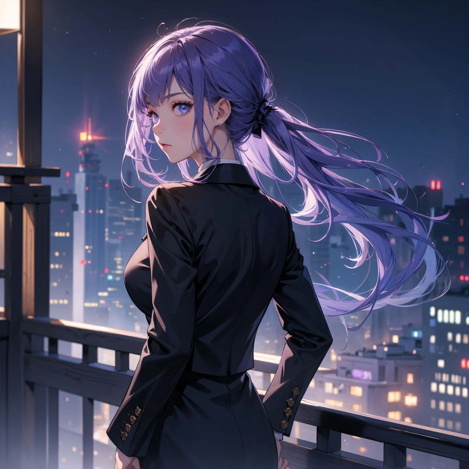 1girl, purple hair, light blue eyes, wearing all black suits, on top of a building, high res, ultrasharp, 8k, masterpiece, looking at viewer from behind