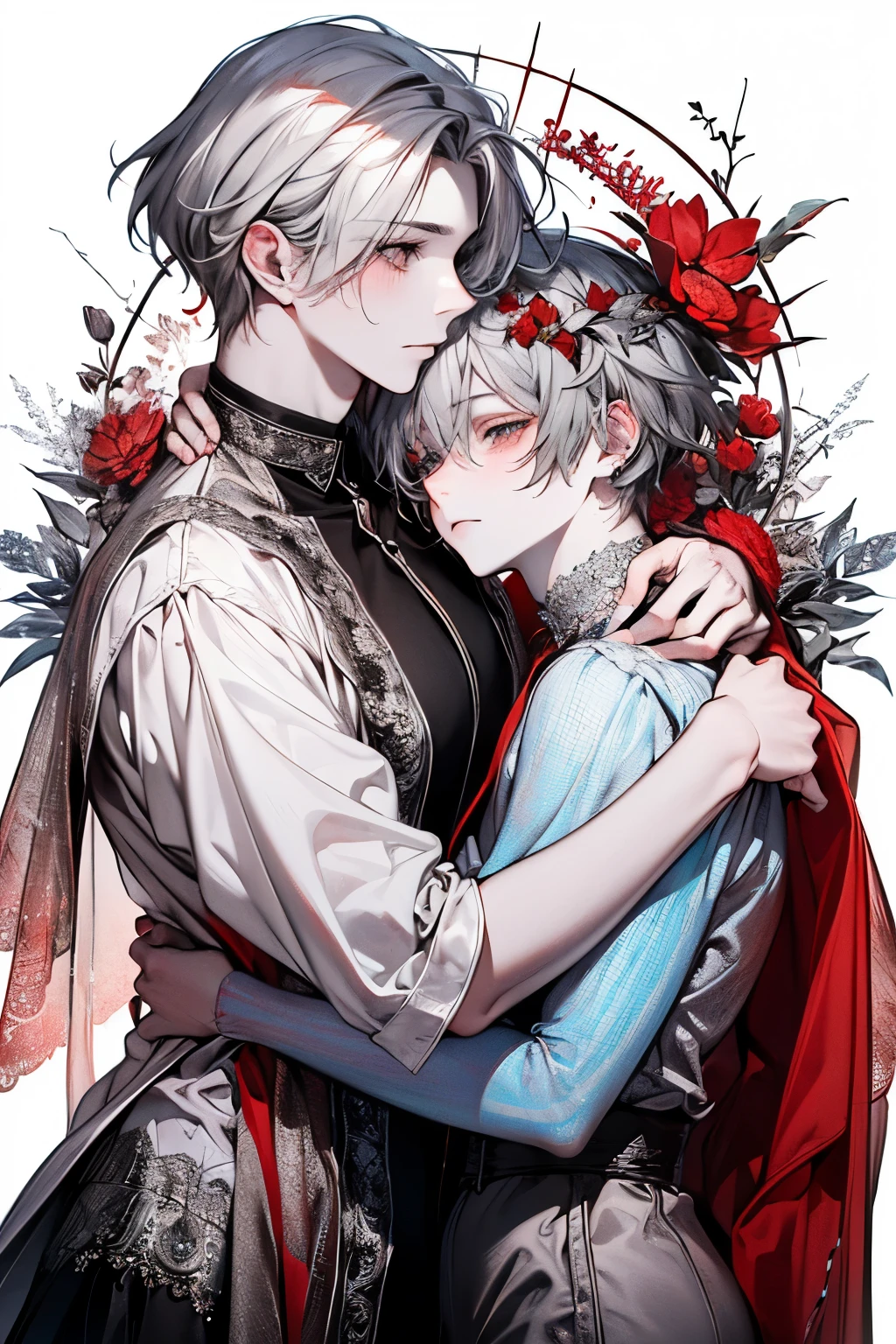 (((red, Silver, glimmer)), faerie), limited palette, Contrasty, phenomenal aesthetic, Best Quality, Gorgeous artwork,(((male:1.1))),((Embrace each other:1.3))