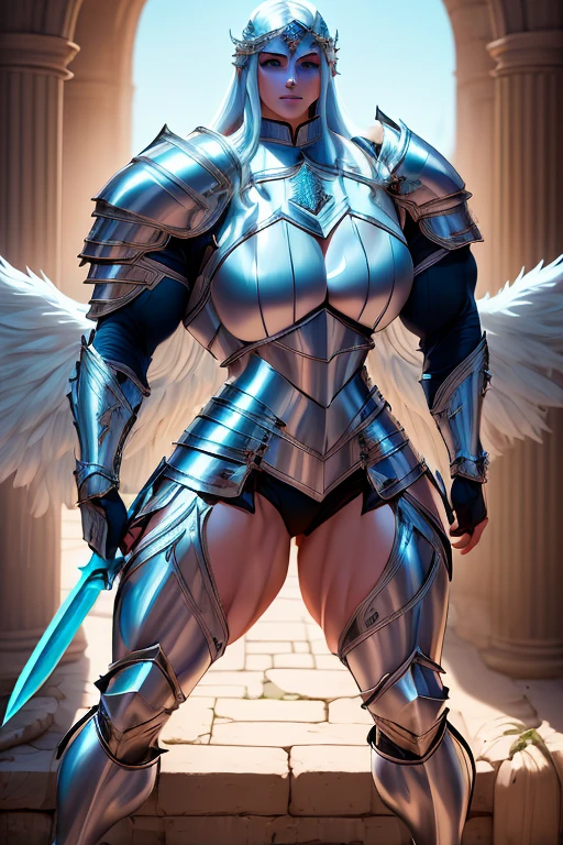 (((Massive, tall, beautiful, buff, muscular pale white skinned female knight with cyan hair, black lipstick, huge angle wings, ginormous bulky muscles, holding a sword and shield and wearing an all cyan gleaming knight armor with hauberk pants))), {close view}, black eyeliner, massive muscles, massive biceps, hyper muscle triceps, (long beachy hair), purple eyes, giant angel wings, knight boots, In a castle, (hauberk pants), steel knight armor, armor breastplate, nighttime, confident smile, hyper muscles arms, hyper muscle legs, ginormous arms