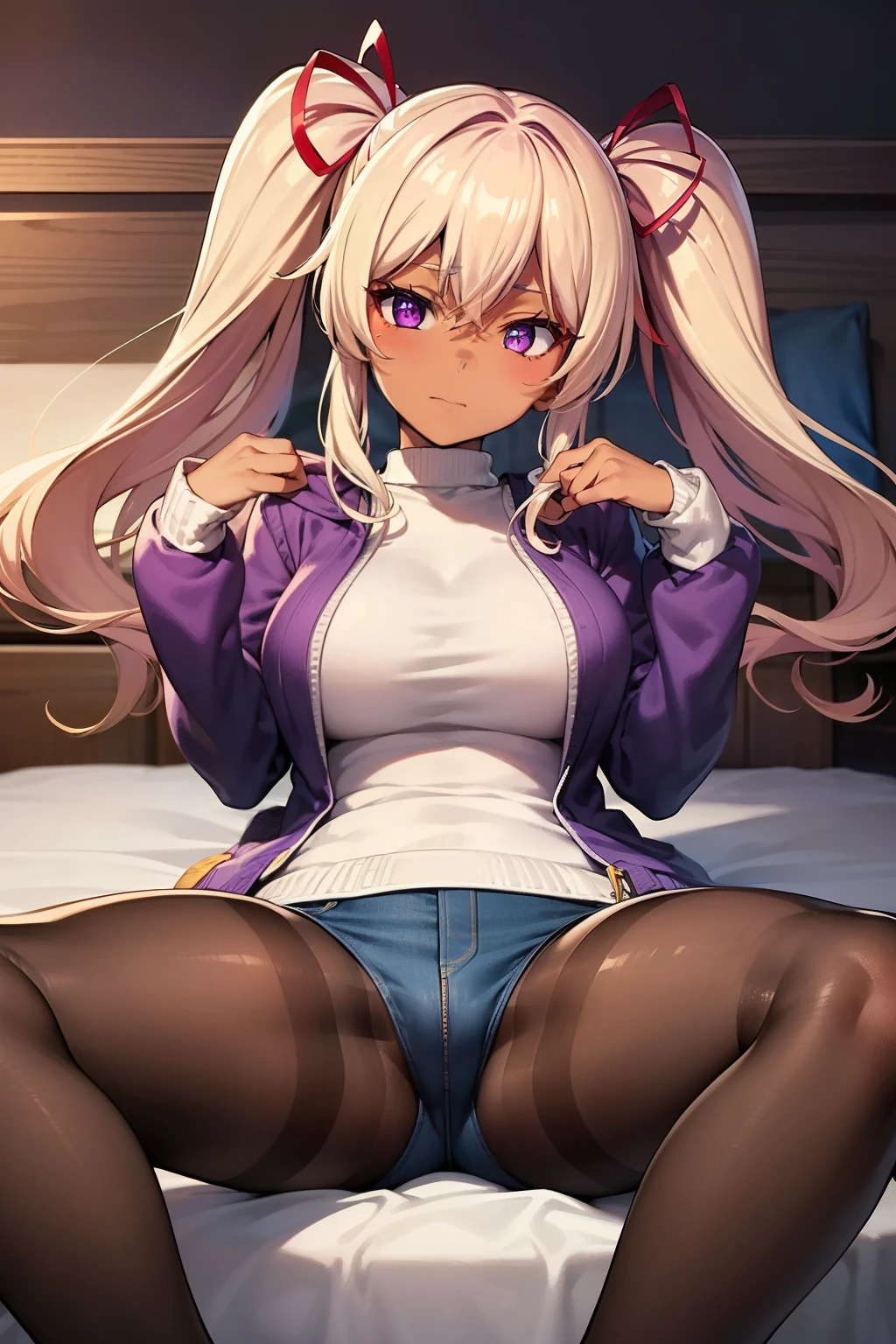 (Tabletop, highest quality, Super detailed), One Girl, Purple eyes, Blonde Hair, Dark Skin, Twin tails、((Knitted outerwear))、((pantyhose))、Denim hot pants、(Bedroom)、M-shaped sitting、(Hands behind head)、(Spread your legs)