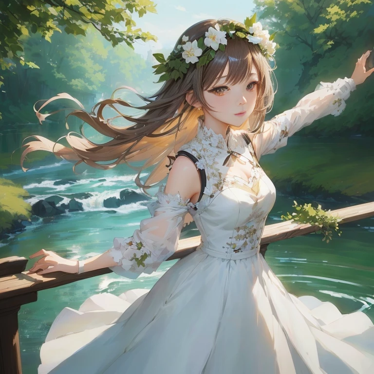 anime girl in white dress standing on a bridge by a river, guweiz on pixiv artstation, cute anime waifu in a nice dress, guweiz on artstation pixiv, guweiz, artwork in the style of guweiz, rin, beautiful anime, beautiful anime girl, smooth anime cg art, painted in anime painter studio, beautiful anime art