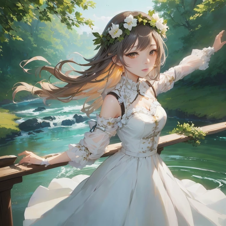 anime girl in white dress standing on a bridge by a river, guweiz on pixiv artstation, cute anime waifu in a nice dress, guweiz on artstation pixiv, guweiz, artwork in the style of guweiz, rin, beautiful anime, beautiful anime girl, smooth anime cg art, painted in anime painter studio, beautiful anime art