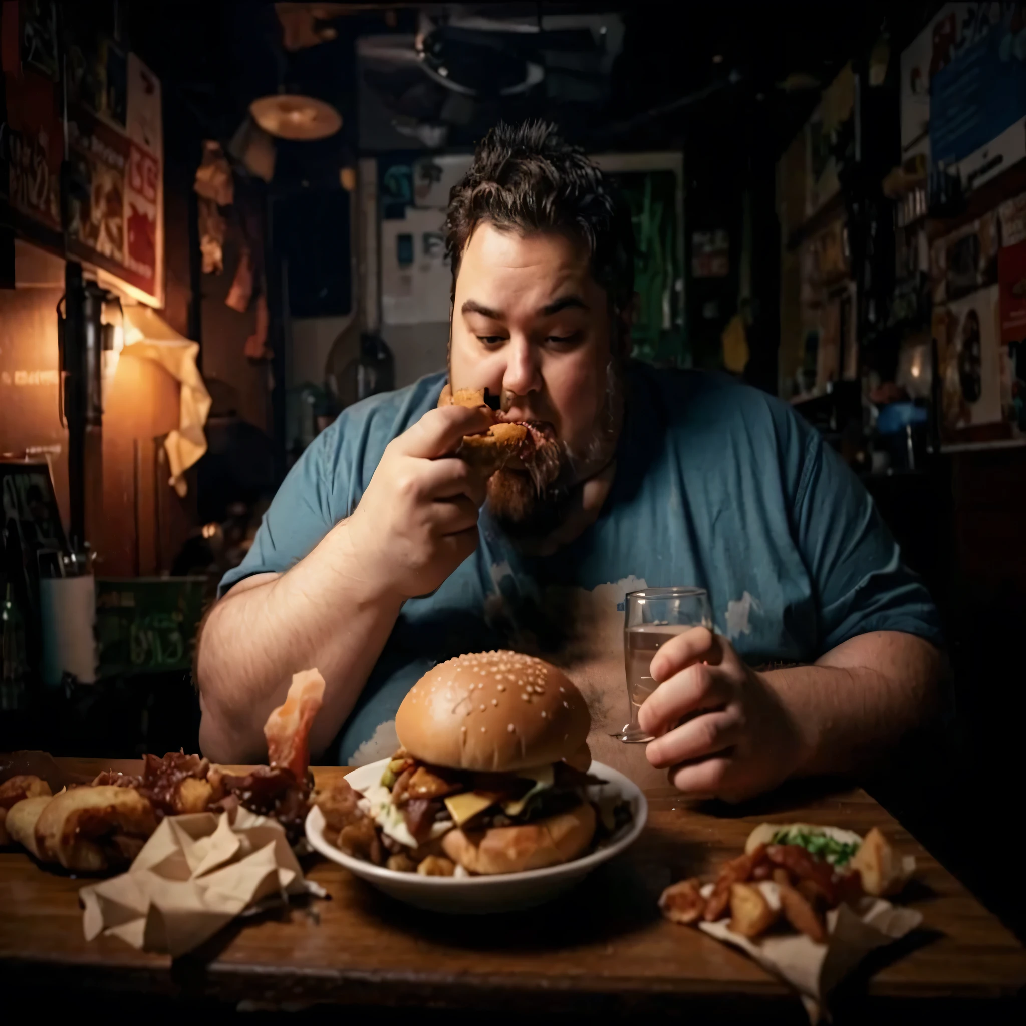 Obese man eating unhealthy food in seedy place