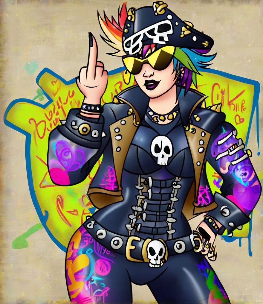 Punk style, Fantasy Gothic, ((The most rebellious bad girl in history)), 1girl, ((solo)), (((Stylish sunglasses))), Pirate hat, Lips in love, Skull Fashion, Neon, Short iridescent hair, Rainbow fabric, Biker Jacket, Bodysuit, Gold pattern, Ancient runes, Metal nails, (Middle finger raised:1.3), Standing in front of a motorcycle skull graffiti art background, Add whimsy to the scene, To enhance the sharpness and modernity of the scene, Sharp lines, Bold brushstroke numbers, Surrealism, Conceptual art, Futurism, UHD, masterpiece, accurate, anatomically correct, textured skin, super detail, high details, award winning, 8k