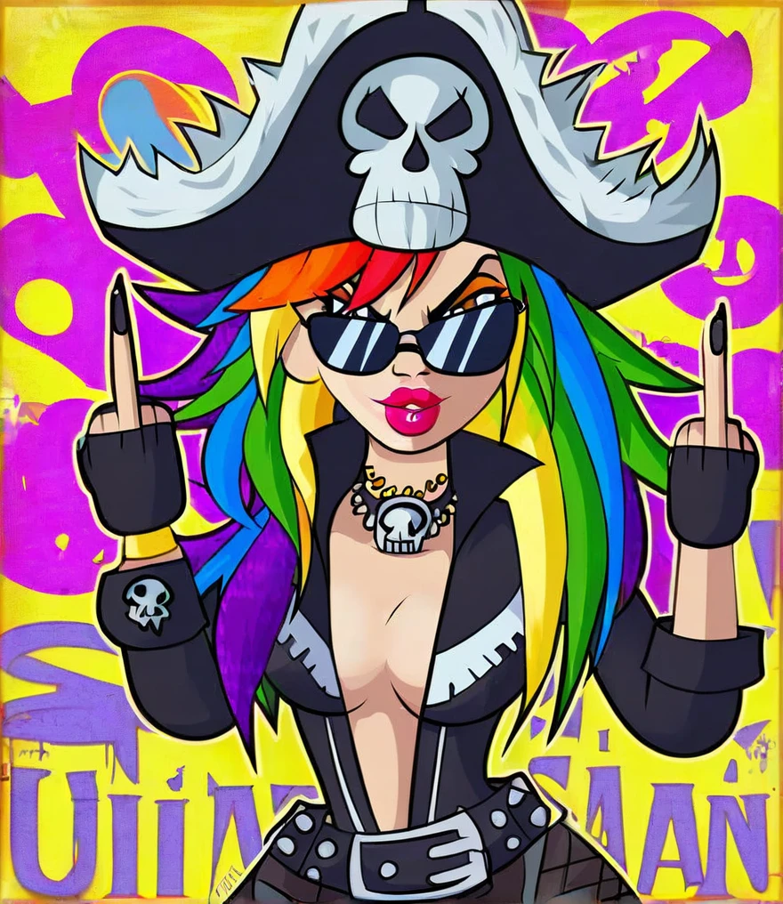 Punk style, Fantasy Gothic, ((The most rebellious bad girl in history)), 1girl, ((solo)), (((Stylish sunglasses))), Pirate hat, Lips in love, Skull Fashion, Neon, Short iridescent hair, Rainbow fabric, Biker Jacket, Bodysuit, Gold pattern, Ancient runes, Metal nails, (Middle finger raised:1.3), Standing in front of a motorcycle skull graffiti art background, Add whimsy to the scene, To enhance the sharpness and modernity of the scene, Sharp lines, Bold brushstroke numbers, Surrealism, Conceptual art, Futurism, UHD, masterpiece, accurate, anatomically correct, textured skin, super detail, high details, award winning, 8k