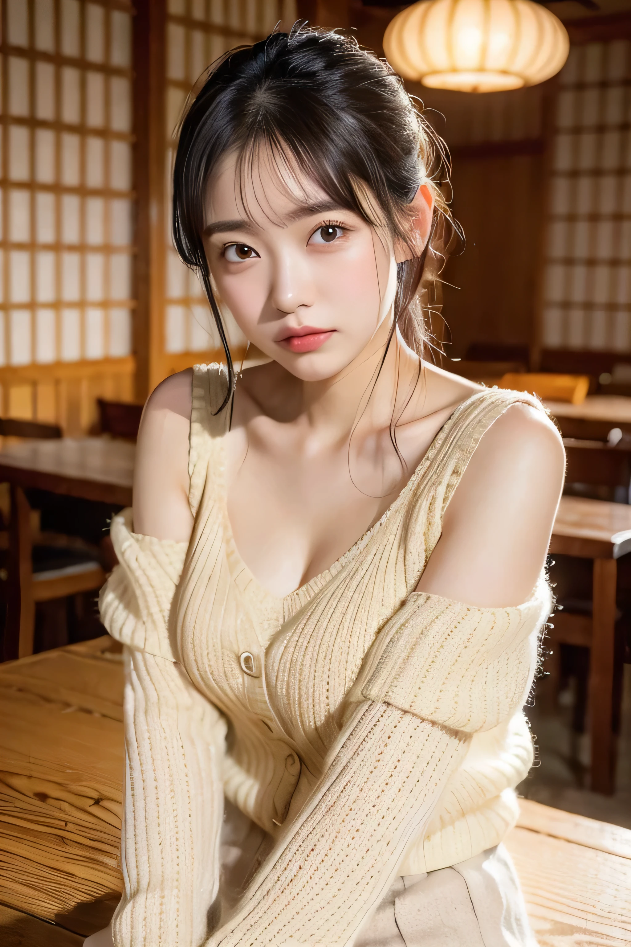 (natta:1.7), East Asian Architecture, 1 girl,  sixteen years old、Colossal tits　Beautiful shiny straight semi-long、Beautiful fingers,Beautiful long legs,Beauty Body，Cute nose，Beautiful character design，perfect  eyes，face perfect，looking at viewert，（Innocent_Big_Eyes：1.0），（light_Smile：0.3），offcial art，ighly detailed ，（tmasterpiece:1.0),(best_quality:1.0), 超A high resolution,4K,ultra - detailed, photography of, 8K, nffsw, hight resolution, the background is blurred, (Beautiful_Face:1.5),(8K,Raw photo, 、Relax at a ryokan in Japan、(The background is a café restaurant at night:1.3),(White tank top&White Beige Shoulder Length Knit Cardigan、Plaid Flared Micro Mini Skirt:1.3),(Colossal tits) Backgrounds with depth　Three-dimensional feeling　((White Beige Knitted Camisole、Thin string:1.4)) (Beautiful large breast:1.2
),　(Sitting leaning forward with your chest proudly on the table:1.3)
