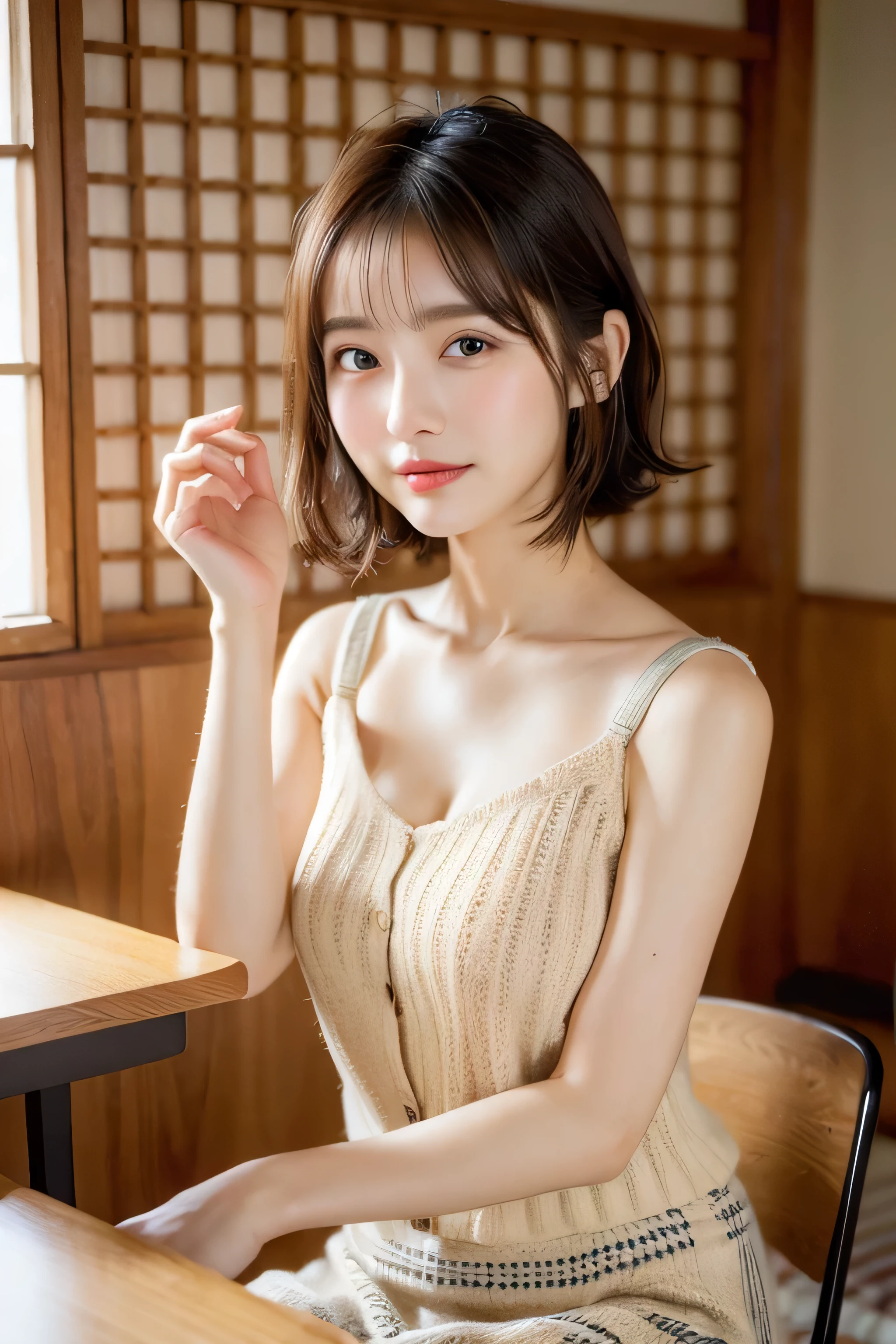 (natta:1.7), East Asian Architecture, 1 girl, sixteen years old、Colossal tits Beautiful shiny straight semi-long、Beautiful fingers,Beautiful long legs,Beauty Body,Cute nose,Beautiful character design,perfect eyes,face perfect,looking at viewert,(Innocent_Big_Eyes:1.0),(light_Smile:0.3),offcial art,ighly detailed ,(tmasterpiece:1.0),(best_quality:1.0), 超A high resolution,4K,ultra - detailed, photography of, 8K, nffsw, hight resolution, the background is blurred, (Beautiful_Face:1.5),(8K,Raw photo, 、Relax at a ryokan in Japan、(The background is a café restaurant at night:1.3),(White tank top&White Beige Shoulder Length Knit Cardigan、Plaid Flared Micro Mini Skirt:1.3),(Colossal tits) Backgrounds with depth Three-dimensional feeling ((White Beige Knitted Camisole、Thin string:1.4)) (Beautiful large breast:1.2
), (Sitting leaning forward with your chest proudly on the table:1.3)