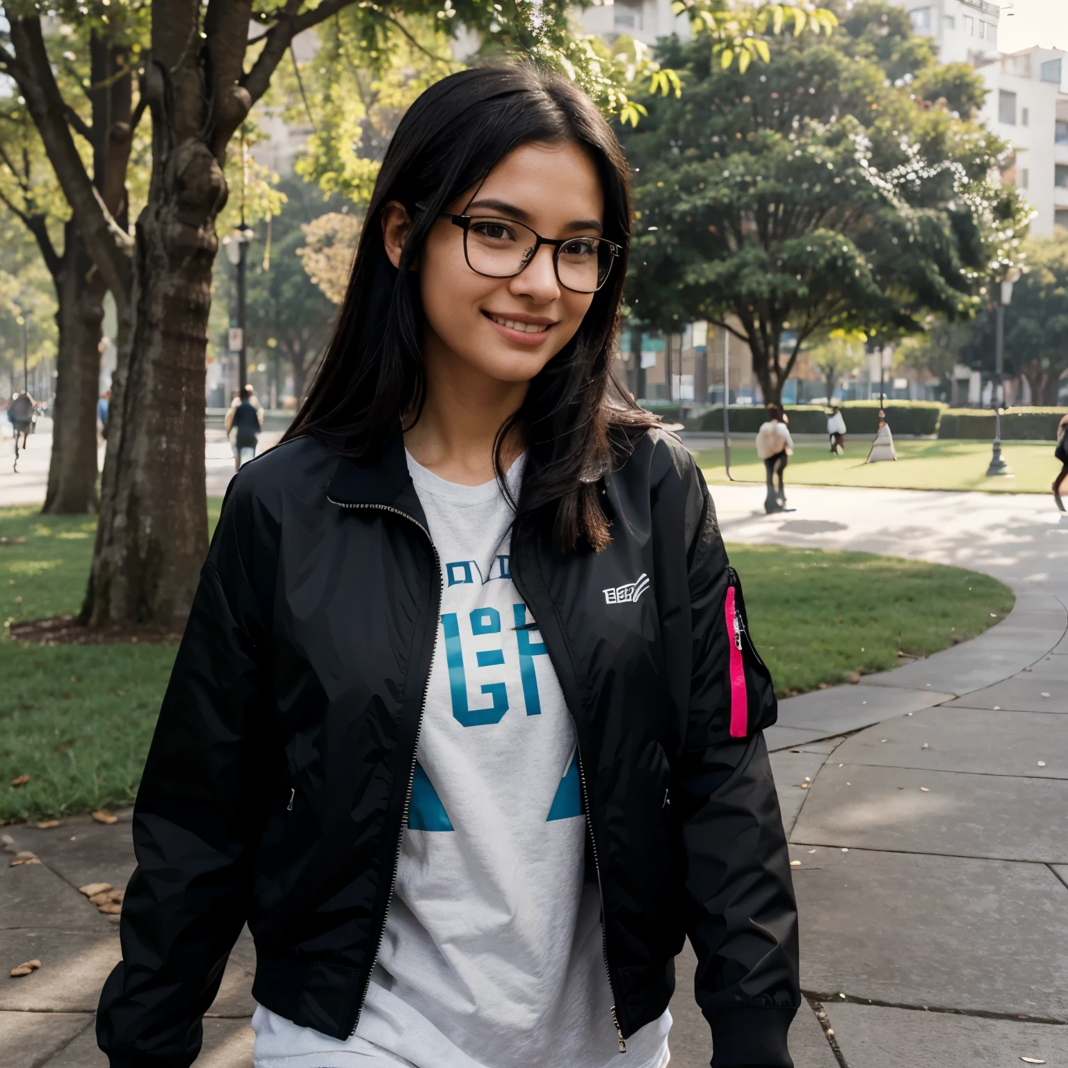 perfect face, hyperrealistic, athletic girl, shy smile, glasses, black hair, nerd, black jacket, walking through the park in Lima.