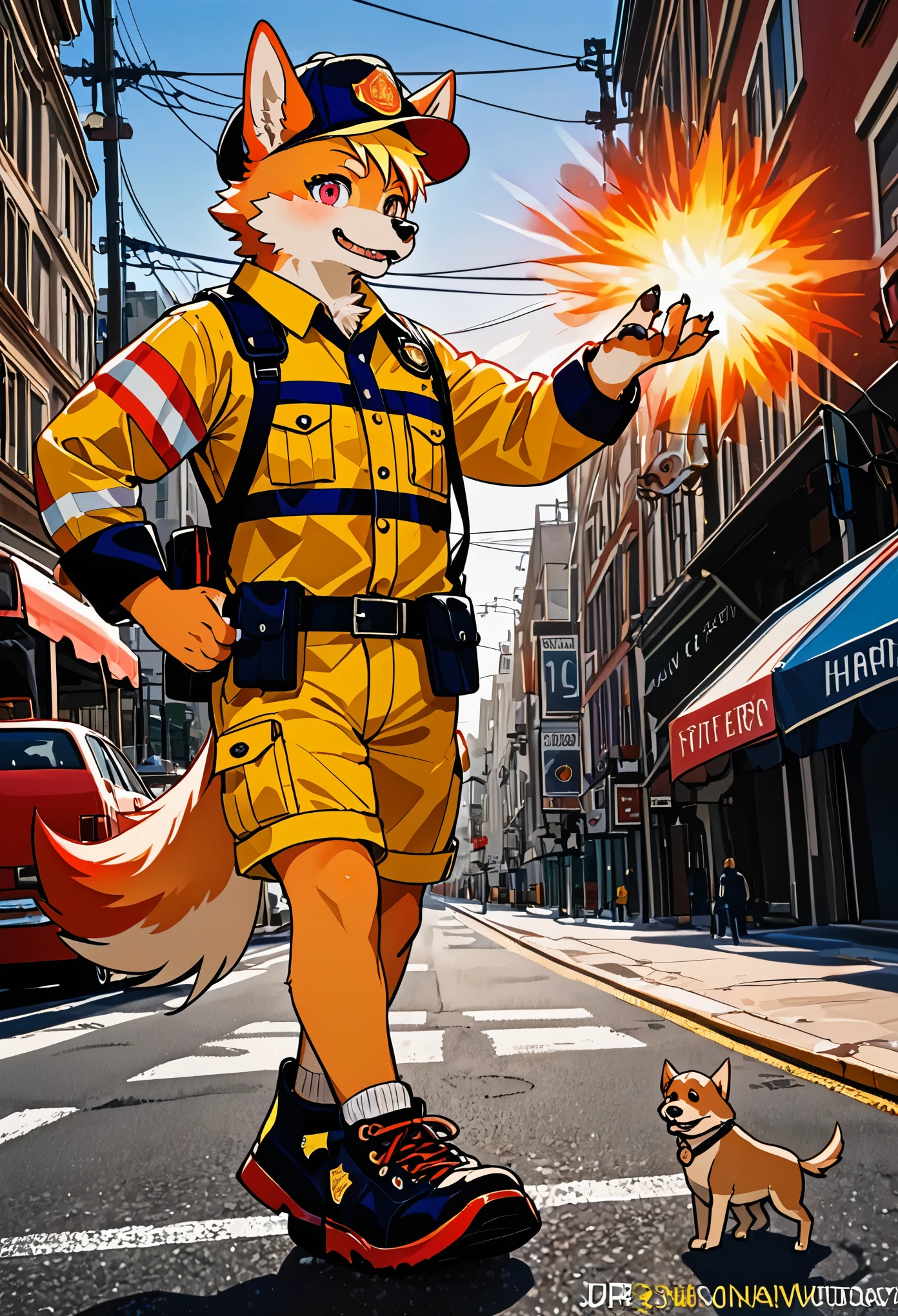 e621 upload, top quality, best quality, highres, masterpiece, super high resolution, detailed background, street, gasping for air(1boy, dog)Firefighter, A calendar, absurdres, perfect anatomy, good lighting, volumetric lighting, cinematic shadow(kemono, furry anthro),