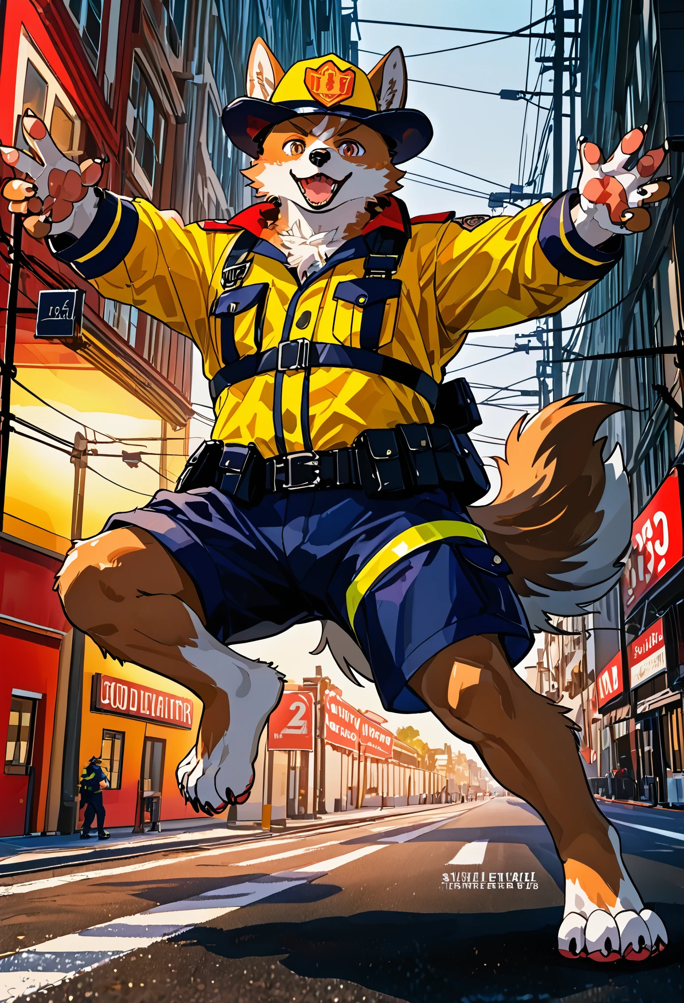 e621 upload, top quality, best quality, highres, masterpiece, super high resolution, detailed background, street, gasping for air(1boy, dog)Firefighter, A calendar, absurdres, perfect anatomy, good lighting, volumetric lighting, cinematic shadow(kemono, furry anthro),
