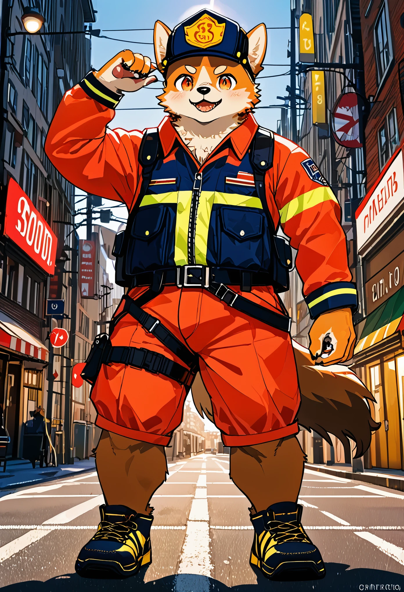e621 upload, top quality, best quality, highres, masterpiece, super high resolution, detailed background, street, gasping for air(1boy, dog)Firefighter, A calendar, absurdres, perfect anatomy, good lighting, volumetric lighting, cinematic shadow(kemono, furry anthro),