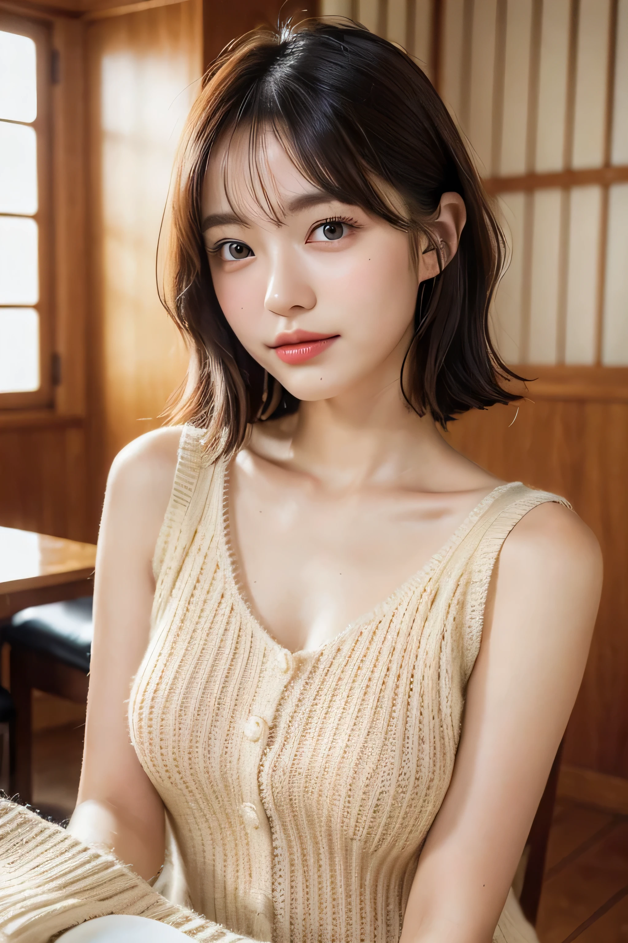 (natta:1.7), East Asian Architecture, 1 girl, sixteen years old、Colossal tits Beautiful shiny straight semi-long、Beautiful fingers,Beautiful long legs,Beauty Body,Cute nose,Beautiful character design,perfect eyes,face perfect,looking at viewert,(Innocent_Big_Eyes:1.0),(light_Smile:0.3),offcial art,ighly detailed ,(tmasterpiece:1.0),(best_quality:1.0), 超A high resolution,4K,ultra - detailed, photography of, 8K, nffsw, hight resolution, the background is blurred, (Beautiful_Face:1.5),(8K,Raw photo, 、Relax at a ryokan in Japan、(The background is a café restaurant at night:1.3),(White tank top&White Beige Shoulder Length Knit Cardigan、Plaid Flared Micro Mini Skirt:1.3),(Colossal tits) Backgrounds with depth Three-dimensional feeling ((White Beige Knitted Camisole、Thin string:1.4)) (Beautiful large breast:1.2
), (Sitting leaning forward with your chest proudly on the table:1.3)