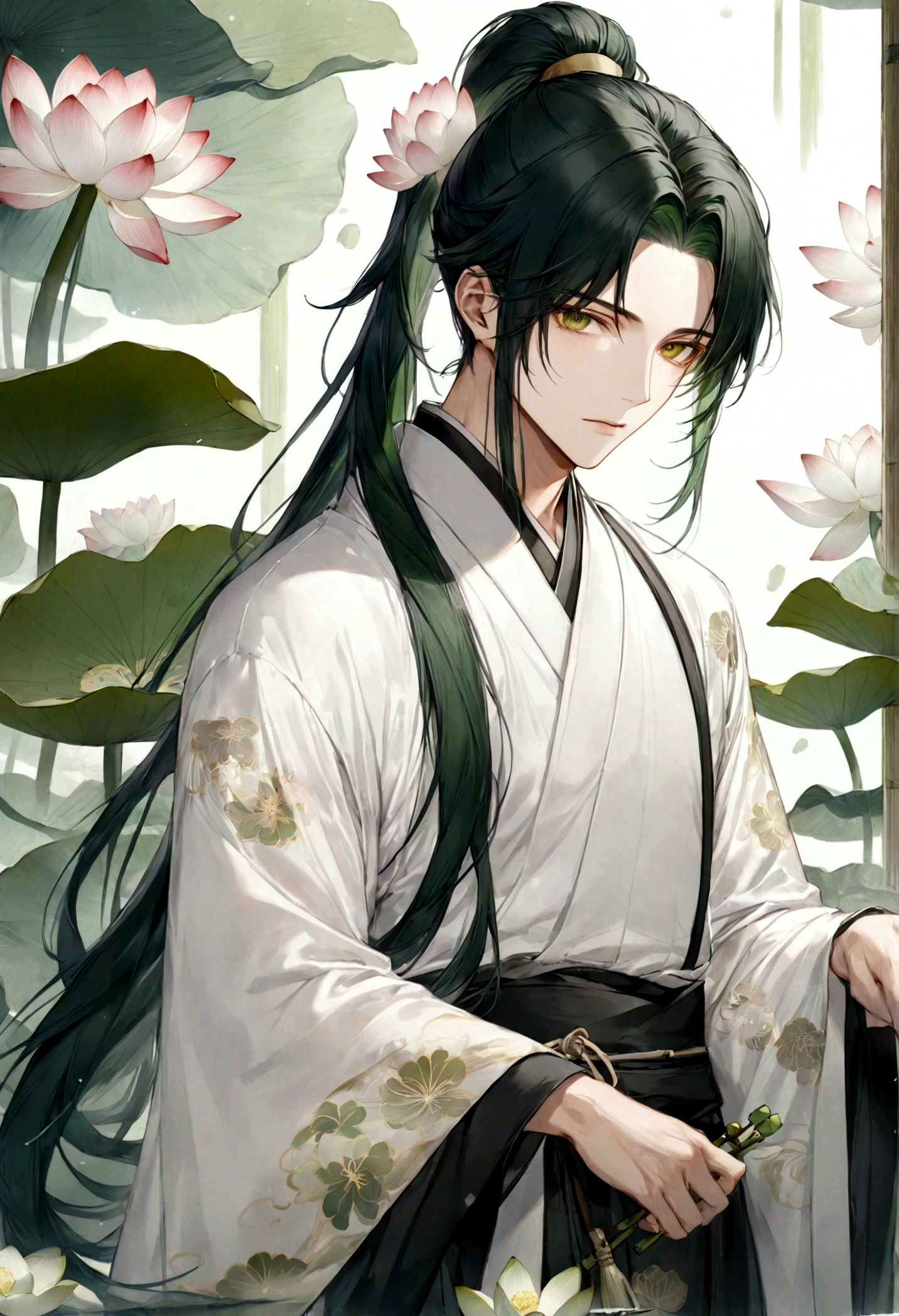 ((top-quality)), ((masterpiece)), ((ultra-detailliert)), (extremely delicate and beautiful), handsome man, dark green hair, long straight hair, high ponytail hairstyle, golden eyes, serene expression, wearing wuxia styled robes, sleeves are sheer and silky, white sleeves, white robes with green patterns, lotus flowers on robe, dark pants, white lotus flowers in the background
