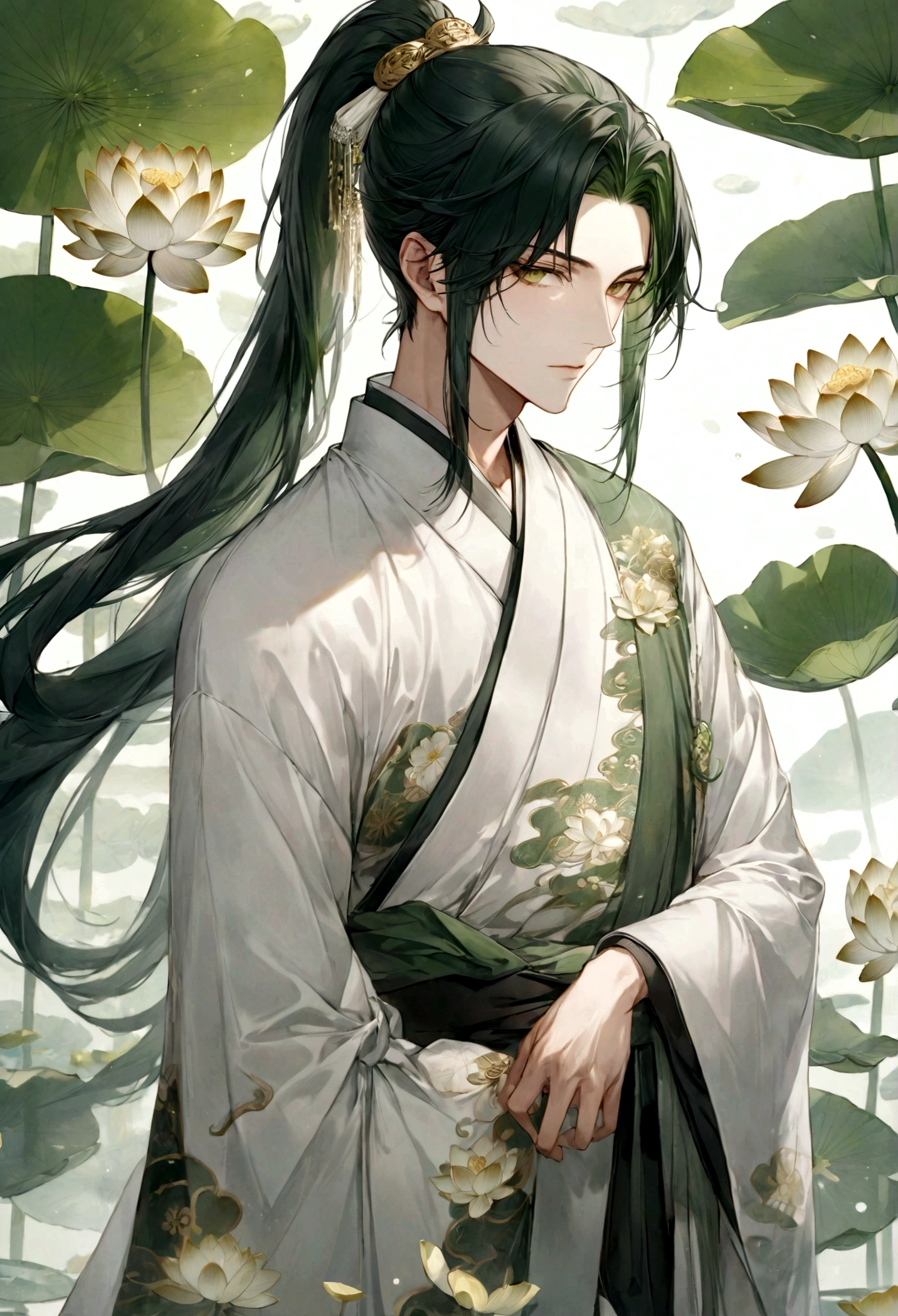 ((top-quality)), ((​masterpiece)), ((ultra-detailliert)), (extremely delicate and beautiful), handsome man, dark green hair, long straight hair, high ponytail hairstyle, golden eyes, serene expression, wearing wuxia styled robes, sleeves are sheer and silky, white sleeves, white robes with green patterns, lotus flowers on robe, dark pants, white lotus flowers in the background
