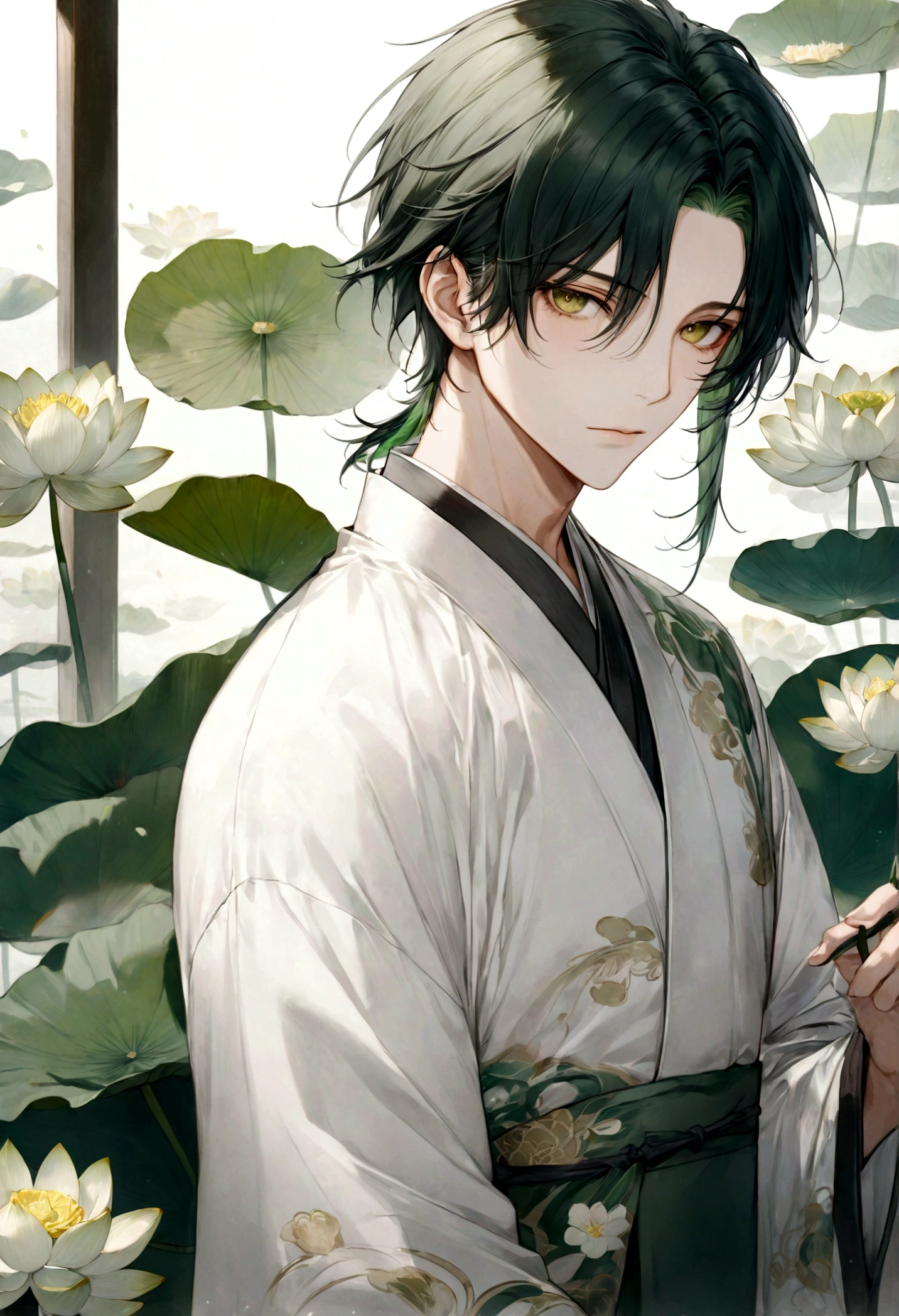 ((top-quality)), ((​masterpiece)), ((ultra-detailliert)), (extremely delicate and beautiful), handsome man, dark green hair, short hair, golden eyes, serene expression, wearing wuxia styled , sleeves are sheer and silky, white sleeves, white robes green patterns, lotus flowers on robe, dark pants, white lotus flowers in the background