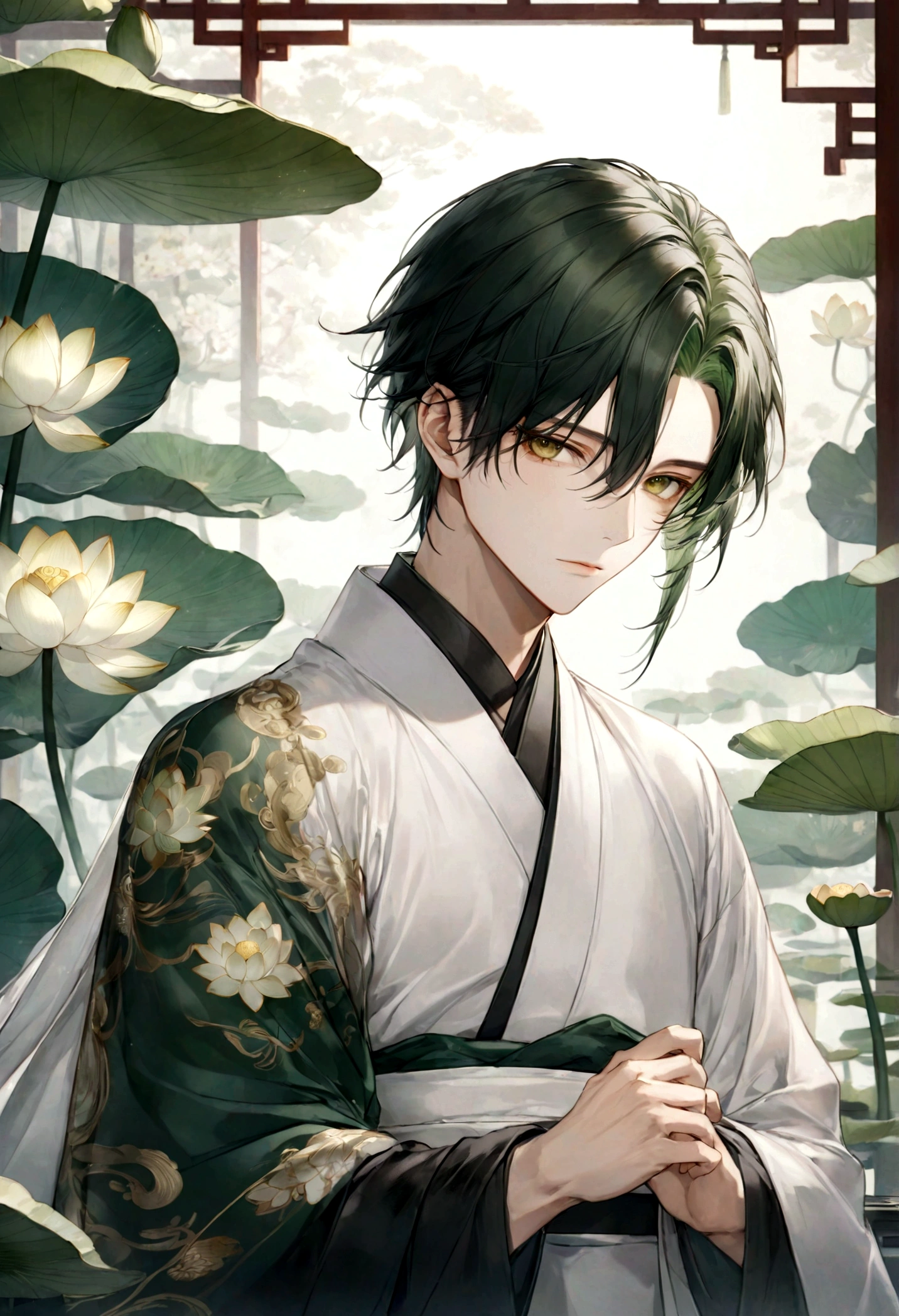 ((top-quality)), ((masterpiece)), ((ultra-detailliert)), (extremely delicate and beautiful), handsome man, dark green hair, short hair, golden eyes, serene expression, wearing wuxia styled robes, sleeves are sheer and silky, white sleeves, white robes with green patterns, lotus flowers on robe, dark pants, white lotus flowers in the background