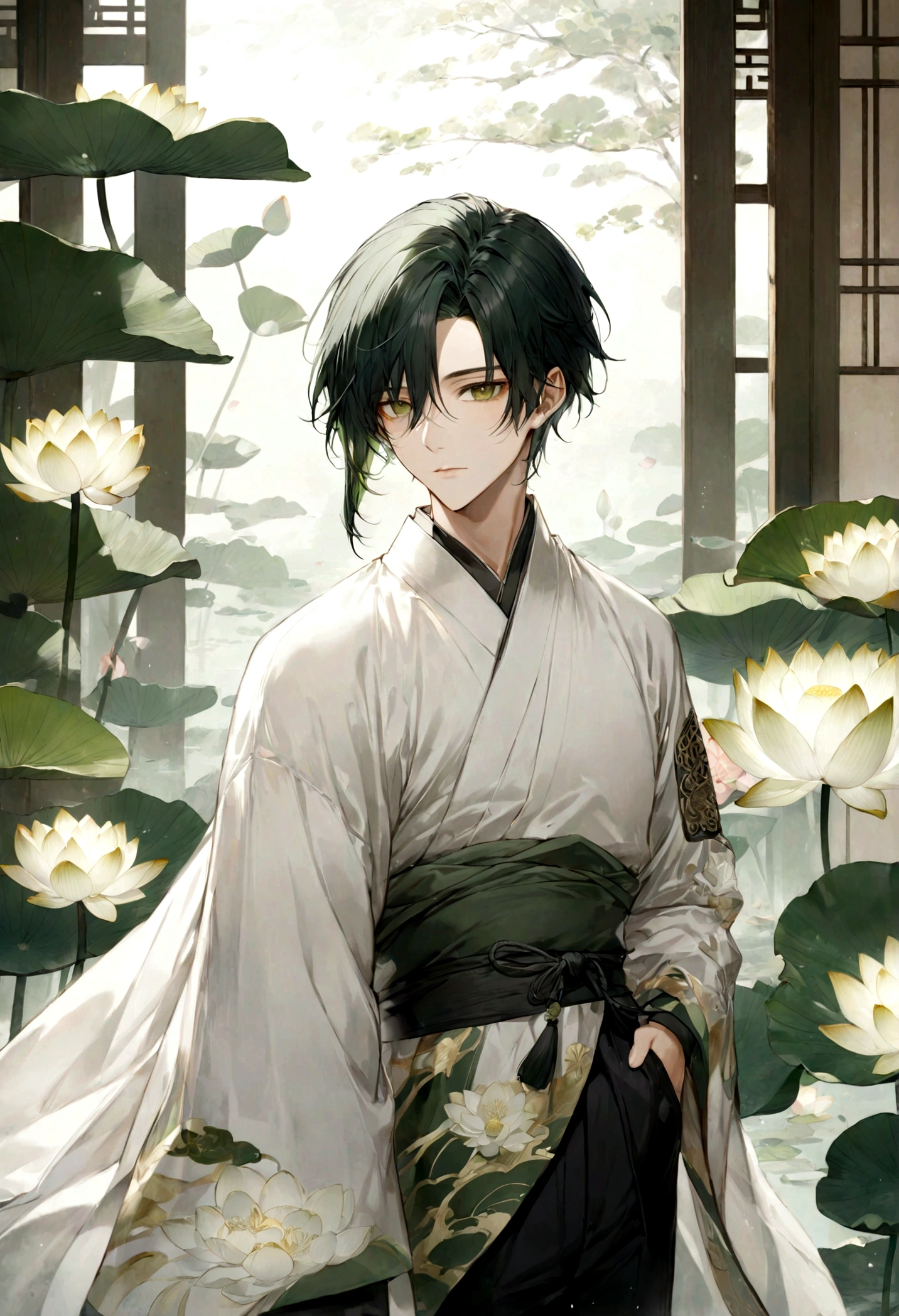 ((top-quality)), ((​masterpiece)), ((ultra-detailliert)), (extremely delicate and beautiful), handsome man, dark green hair, short hair, golden eyes, serene expression, wearing wuxia styled robes, sleeves are sheer and silky, white sleeves, white robes with green patterns, lotus flowers on robe, dark pants, white lotus flowers in the background