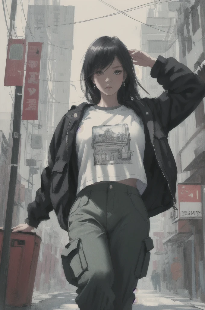 1girl, solo, oversize cargo pants, oversized tshirt, artwork on the Tshirt, posing for a photo shoot, looking at the viewer, neutral expression, aesthetic, awe-inspiring, cool, high resolution, ((masterpiece, 8k,wlop)), (plain background), semi realistic drawing