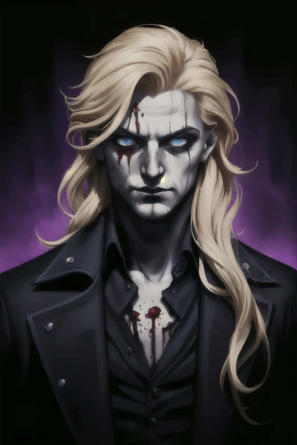 (masculine), (horrifying,shocking),blood-spattered man, male covered in blood,long flowing blond hair, , ((paled skin)) ,expressive eyes,dramatic lighting,gritty and intense,horror portrait,violent,splattered blood,dark and haunting background,close-up of face and body,bloody handprints,terrifying aura,macabre,vivid colors,high contrast, blue eyes, bloddy, masacre, androgynous, perfect face, evil smile, insane, crazy, Black coat, black suit, one young male, beautiful long hair, blond hair, blue eyes, purple victorian shirt, purple jabot, beautiful face, highest quality, wild fighting stance, blood everywhere