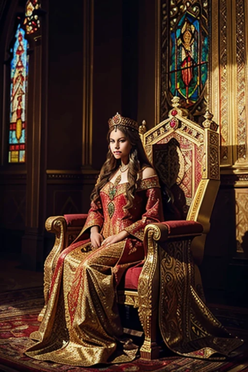 "A majestic queen sitting on her ornate throne, wearing a regal red and gold gown. Her crown is adorned with jewels, and her long brown hair flows in waves over her shoulders. The throne room is richly decorated with golden details, precious stones, tapestries, and colorful stained glass windows. The queen exudes dignity and wisdom."