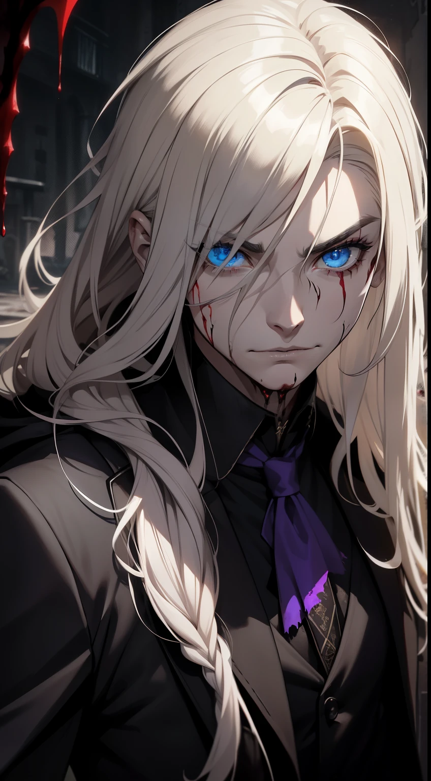 (masculine), (horrifying,shocking),blood-spattered man, male covered in blood,long flowing blond hair, , ((paled skin)) ,expressive eyes,dramatic lighting,gritty and intense,horror portrait,violent,splattered blood,dark and haunting background,close-up of face and body,bloody handprints,terrifying aura,macabre,vivid colors,high contrast, blue eyes, bloddy, masacre, androgynous, perfect face, evil smile, insane, crazy, Black coat, black suit, one young male, beautiful long hair, blond hair, blue eyes, purple victorian shirt, purple jabot, beautiful face, highest quality, wild fighting stance, blood everywhere