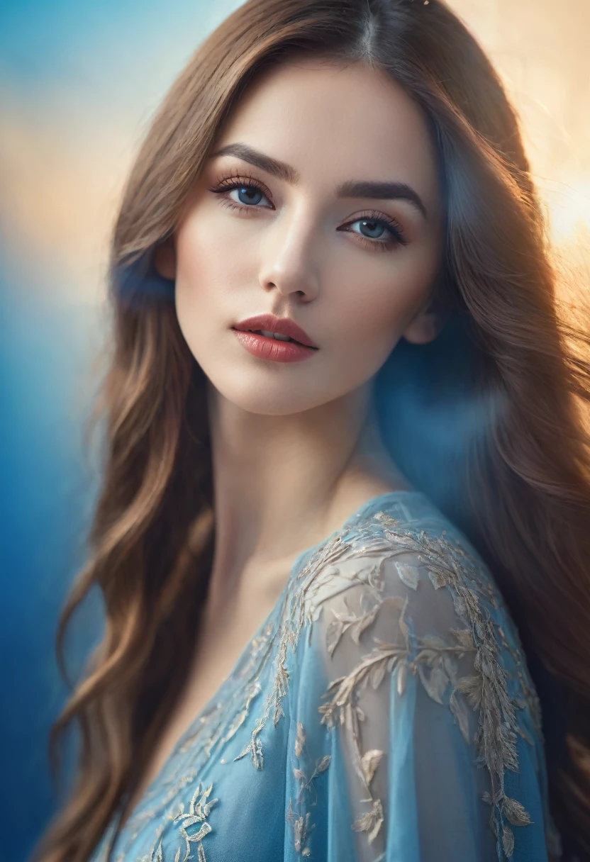 A beautiful woman with long hair, very detailed closeup of her face and lips, in an ethereal style, featuring shadows, warm tones, a hazy background, blue backdrop, cinematic atmosphere, photorealistic, hyperrealistic, cinematic composition, extremely high resolution, sharp focus,