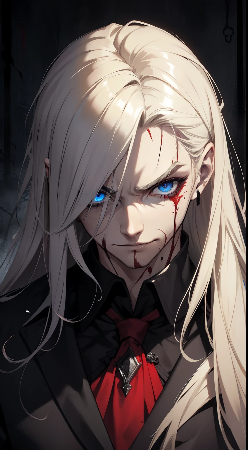 (masculine), (horrifying,shocking),blood-spattered man, male covered in blood,long flowing blond hair, , ((paled skin)) ,expressive eyes,dramatic lighting,gritty and intense,horror portrait,violent,splattered blood,dark and haunting background,close-up of face and body,bloody handprints,terrifying aura,macabre,vivid colors,high contrast, blue eyes, bloddy, masacre, androgynous, perfect face, evil smile, insane, crazy, Black coat, black suit, one young male, beautiful long hair, blond hair, blue eyes, purple victorian shirt, purple jabot, beautiful face, highest quality, wild fighting stance, blood everywhere