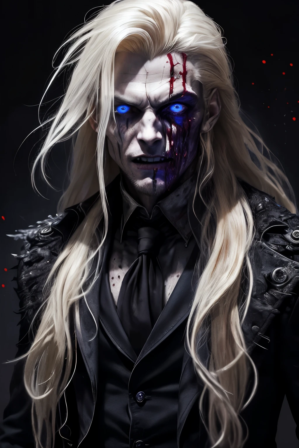 (masculine), (horrifying,shocking),blood-spattered man, male covered in blood,long flowing blond hair, , ((paled skin)) ,expressive eyes,dramatic lighting,gritty and intense,horror portrait,violent,splattered blood,dark and haunting background,close-up of face and body,bloody handprints,terrifying aura,macabre,vivid colors,high contrast, blue eyes, bloddy, masacre, androgynous, perfect face, evil smile, insane, crazy, Black coat, black suit, one young male, beautiful long hair, blond hair, blue eyes, purple victorian shirt, purple jabot, beautiful face, highest quality, wild fighting stance, blood everywhere Eerie laughter, Dramatic shadows,