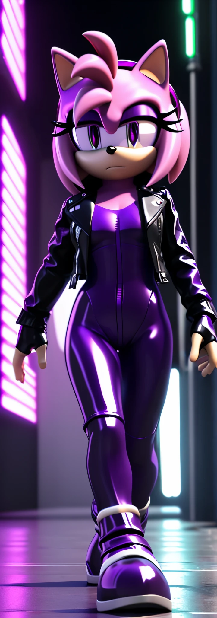 Solo, 1girl, full body image, rendered in SFM, ((sonic oc:1)), from sonic, high detail iconic character, in the new action-movie sonic, cyberpunk city, official render, 3d render official art, toon shader, ((female)), (((purple hedgehog:1))), ((shiny)) (purple fur:1.0), (((Amy rose style quills))), (((metallic purple eyeliner))) ((deep purple eyes:1.5)), ((calm neutral expression)), ray trace 4 k, ray trace 4k, (((metallic purple latex bodysuit))), (((leather jacket))), ((fingerless gloves:0.9))