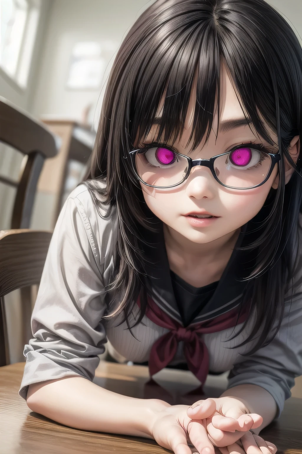 (Tabletop:1.0), (highest quality:1.4), (High resolution:1.2), From the side,Sharp contours, boyish, highest quality, masterpiece,Glasses,Voice of the Heart,20-year-old woman,yandere,Big Breasts,Chest to chest,Lying face down,Upper Body,Ecstasy,saliva,blush,Squint your eyes,Heterochromia iridis,Tuck up your clothes,lure
