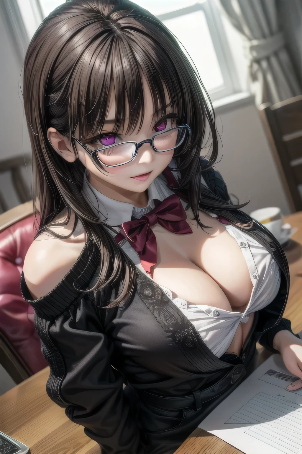 (Tabletop:1.0), (highest quality:1.4), (High resolution:1.2), From the side,Sharp contours,  boyish, highest quality, masterpiece,Glasses,Voice of the Heart,20-year-old woman,yandere,Big Breasts,Chest to chest,Lying face down,Upper Body,Ecstasy,saliva,blush,Squint your eyes,Heterochromia iridis,Tuck up your clothes,lure