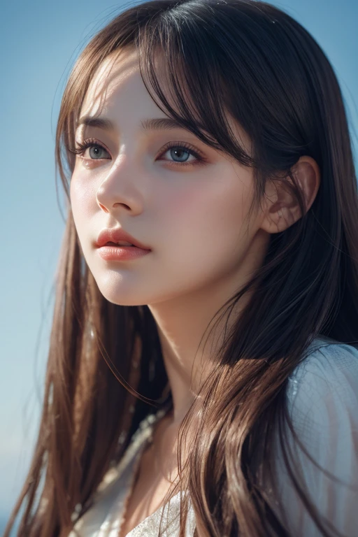 A beautiful woman with long hair, very detailed closeup of her face and lips, in an ethereal style, featuring shadows, warm tones, a hazy background, blue backdrop, cinematic atmosphere, photorealistic, hyperrealistic, cinematic composition, extremely high resolution, sharp focus,